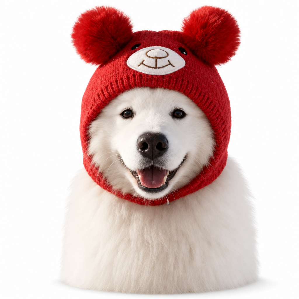 🐶 Plush Dog Winter Hat – Warm Ribbed Knit Hood with Double Pom-Poms