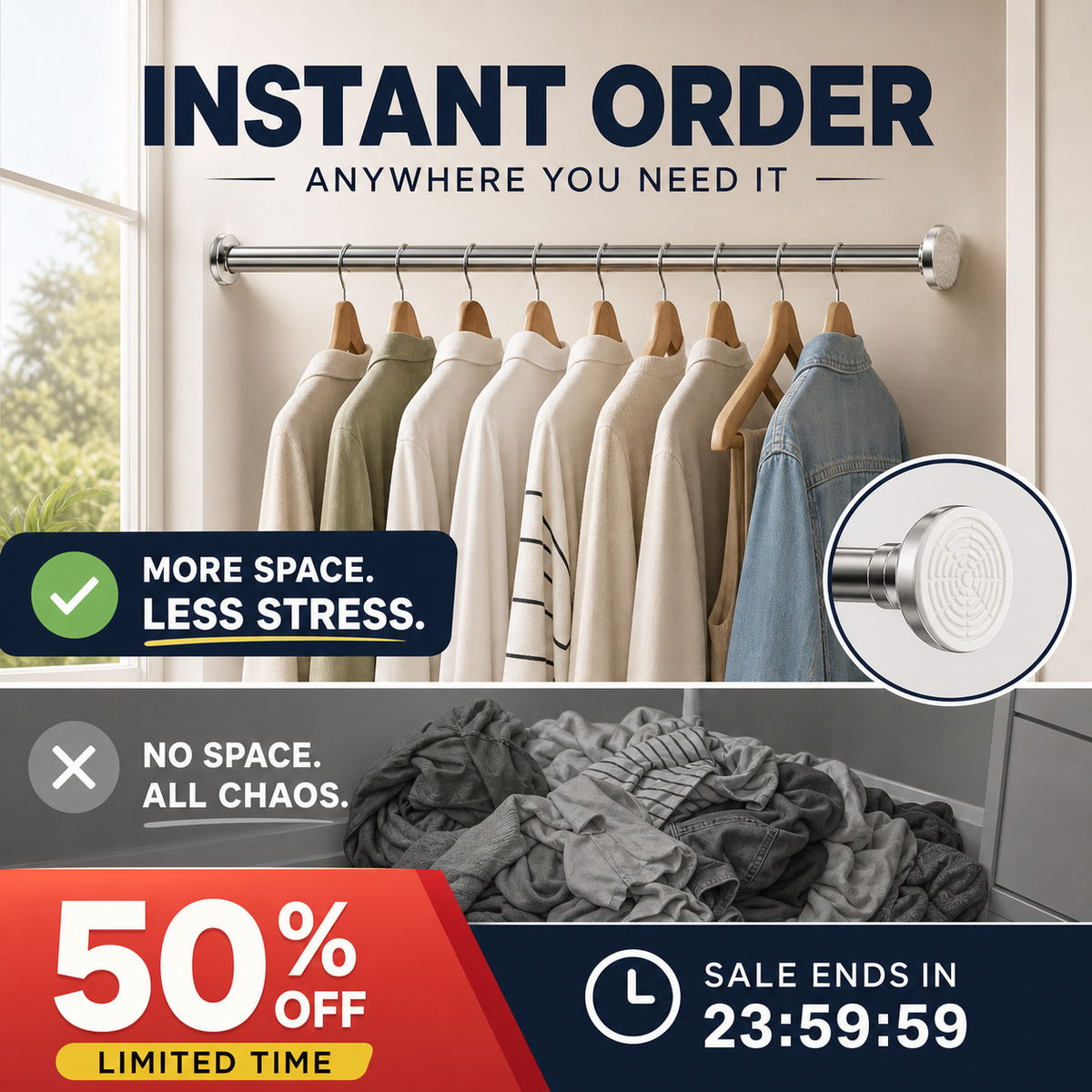 🥼👚 Create storage space anywhere anytime！Adjustable No-Drill Tension Rod