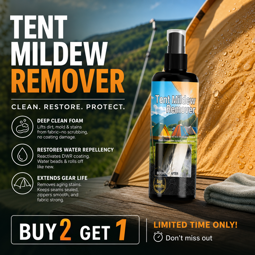 🧴 Outdoor Mildew Stain Cleaner – Spray on, wipes off mold instantly. Tent, awning, shower curtain – all like new! 🏕️💪