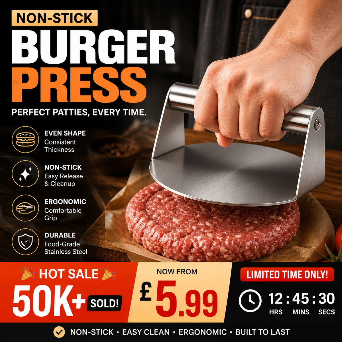 🥳HOT SALE🥳💞50K+ SOLD! Burger Press! Non-stick, easy clean & ergonomic. Perfect patties – grab yours! ✅