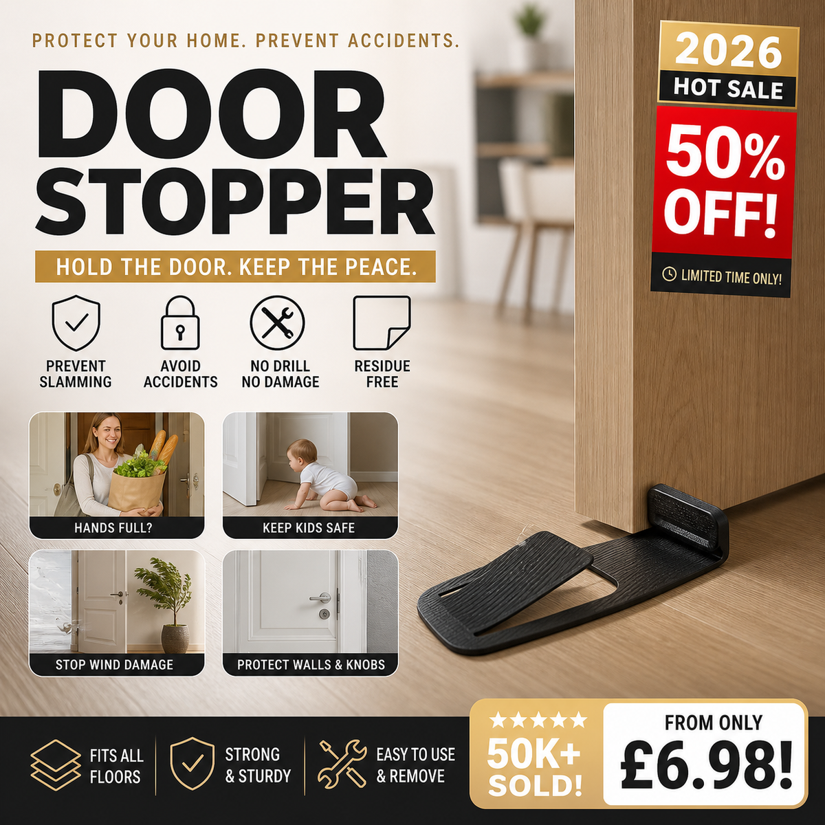 🚪 Floor Door Stopper – Foot Operated & No Drilling